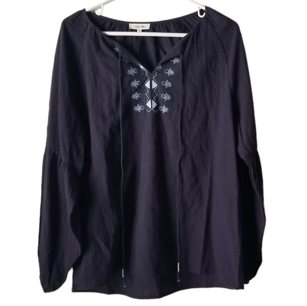 NWT Cotton Bleu Navy Cotton Gauze Peasant Top Blouse Billowy Sleeves Size S